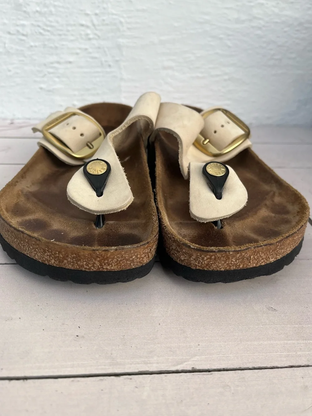 Birkenstock White Suede Thong Sandals with Gold Buckles